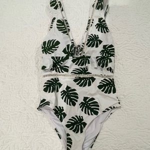 White and green palm tree one piece swimsuit